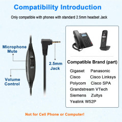 Callez Casque Téléphone Fixe sans Fil de 2,5 mm Dual avec Micro Anti-Bruit, Contrôle de Volume, Oreillette de Centre d'appel pou