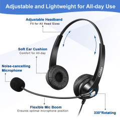 Callez Casque Téléphone Fixe sans Fil de 2,5 mm Dual avec Micro Anti-Bruit, Contrôle de Volume, Oreillette de Centre d'appel pou