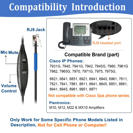 Casque Téléphone Fixe RJ9 avec Micro Anti-Bruit, Oreillette Téléphonique pour Cisco 7962G 7861 7821 7941G 8841 8845 8861 7811 68