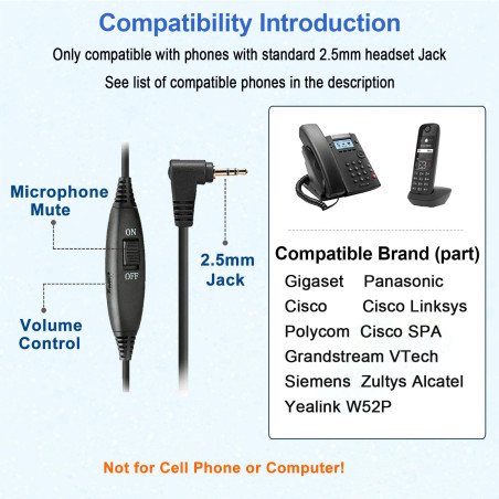 Callez Casque Téléphone Fixe sans Fil de 2,5 mm Monaural avec Micro Anti-Bruit, Contrôle de Volume, Écouteurs de Centre d'appel