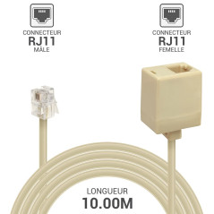 Waytex 39357 Rallonge téléphonique RJ11 male vers RJ11 femelle 10m beige