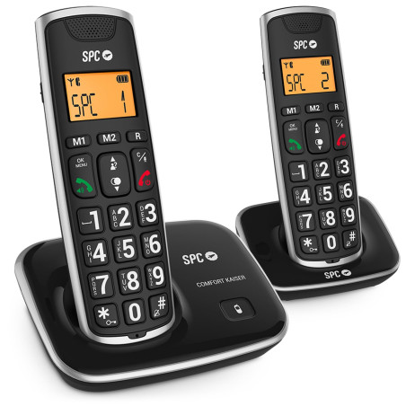 SPC Duo Comfort Kaiser - Téléphone Noir sans Fil avec Grandes Touches et Grands Chiffres, Compatible avec Les appareils auditifs