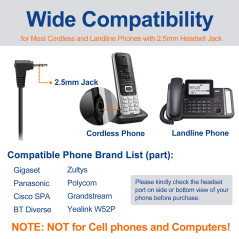 WANTEK Casque de téléphone sans fil avec micro antibruit Fiche jack de 2,5 mm Pour téléphone fixe Gigaset C430 C610 S850 Panason