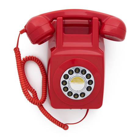 GPO 746 - Téléphone Fixe Rétro à Bouton- Poussoir Mural - Cordon Extansible, Sonnerie Authentique - Rouge