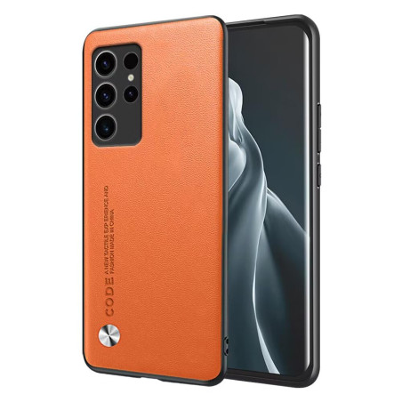 EASSGU Coque de Téléphone pour Samsung Galaxy S23 Ultra (6.8" inches), Etui en Cuir de Style Business - Orange