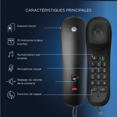Motorola Ct50 Negro Teléfono Fijo Góndola Con Indicador Visual De Llamada Y 10 Teclas De Memoria