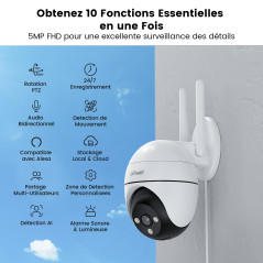 ieGeek 5MP 360° Camera Surveillance WiFi Extérieure, PTZ Caméra IP Exterieur avec 24/7 Enregistrement, Vision Nocturne Couleur,