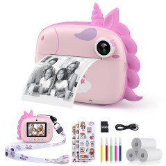 HiMont Appareil Photo Numérique Instantané,avec Papier d'impression & Carte TF 32G, Caméra Vidéo avec Stylos Colorés pour Le Bri