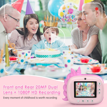 HiMont Appareil Photo Numérique Instantané,avec Papier d'impression & Carte TF 32G, Caméra Vidéo avec Stylos Colorés pour Le Bri