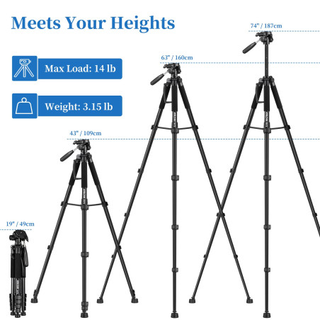 Trépied Appareil Photo pour Smartphone 187cm, JOILCAN Trépied Caméra avec Tête Pan Amovible à 3 Voies, Aluminium Portable Trepie