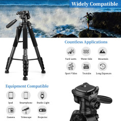 Trépied Appareil Photo pour Smartphone 187cm, JOILCAN Trépied Caméra avec Tête Pan Amovible à 3 Voies, Aluminium Portable Trepie