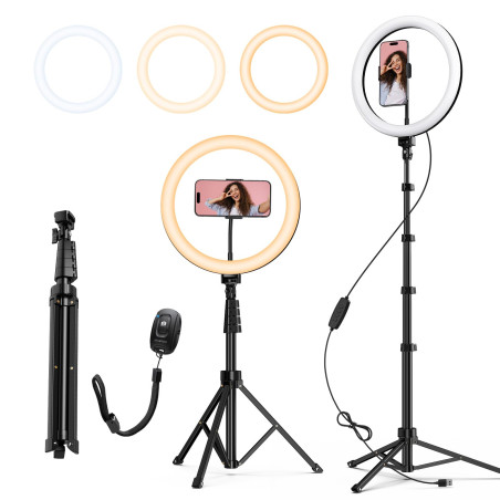 ATUMTEK Anneau Lumineux 12" avec Trépied Extensible 160 cm, 3 Modes de Lumière & 10 Niveaux de Luminosité, Lampe LED Selfie avec