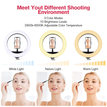 Ring Light avec Trépied, 18 Pouces Extérieur 2900-6000K LED Anneau Lumineux Réglable, Lampe Annulaire pour Telephone Youtube Tik