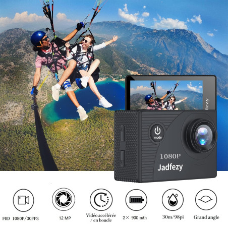 Jadfezy Camera Sport 1080P FHD,Etanche 30M Caméra d'action Grand Angle, avec Deux Piles Rechargeables 900 mAh Caméra Sport et ki