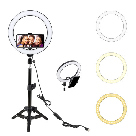 Ring Light, BONFOTO 10" Anneau Lumineux avec 45cm Trépied, Lumière Anneau Réglable avec 3 Modes d'Eclairage et 10 Niveaux de Lum
