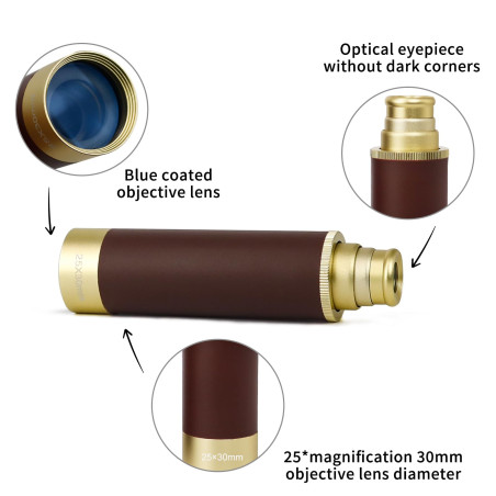 NewDoar 25x30 Télescope Pirate Vintage Monoculaire Zoomable - Télescope Optique Réglable en Laiton Alliage d'Aluminium Étanche p