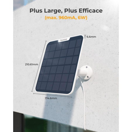 Reolink 6W Panneau Solaire Blanc + Câble de 4m Camera Surveillance Exterieure sans Fil sur Batterie, Argus 2E, Argus 3 Pro, Argu
