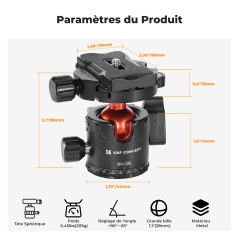 K&F Concept Rotule Ball Tête vis 3/8" en Aluminium Ball Head Adaptateur 360° Rotatif avec Plaque Rapide de Vis 1/4" pour Trépied