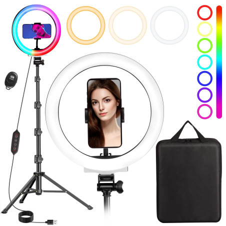 Ring Light avec Trépied, MICCYE 10" Ring Light Selfie Anneau Lumineux LED Lumière Anneau avec 3 Modes D'éclairage 26 Couleurs RG
