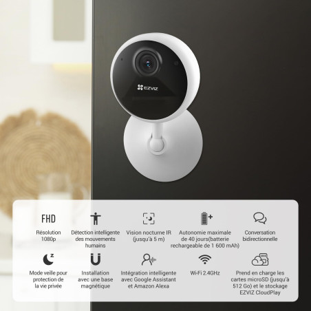 EZVIZ CB1 1080P Camera Surveillance WiFi Intérieur sans Fil sur Batterie 1600mAh, Caméra Bébé WiFi 2.4Ghz, Détection de Personne