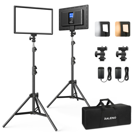 RALENO Lampes Vidéo LED 2-Pack, Panneau Vidéo 192 LED, avec Trépied réglable 180cm, Sac à main, Luminosité bicolore 2500-6500K, 