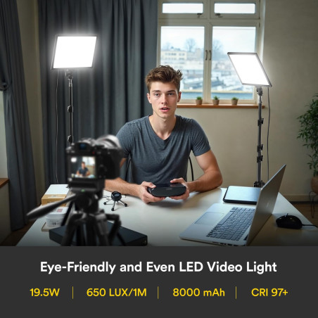 RALENO Lampes Vidéo LED 2-Pack, Panneau Vidéo 192 LED, avec Trépied réglable 180cm, Sac à main, Luminosité bicolore 2500-6500K, 