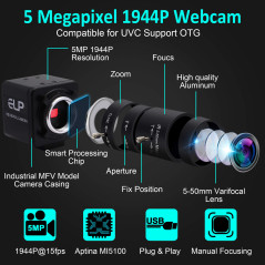 ELP Caméra USB 5 MP Webcam 10 x Mise au point variable 1944P Caméra de surveillance USB UVC CCTV Caméra de gros plan industriell