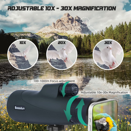 Télescope monoculaire 10-30x50 avec trépied, sac de transport, dragonne, adaptateur de téléphone - Prisme BAK4 et objectif FMC -