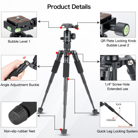 Koolehaoda Mini trépied Portable en Alliage d'aluminium Hauteur 51 cm avec rotule 360 ​​degrés et Sac pour Appareil Photo Reflex