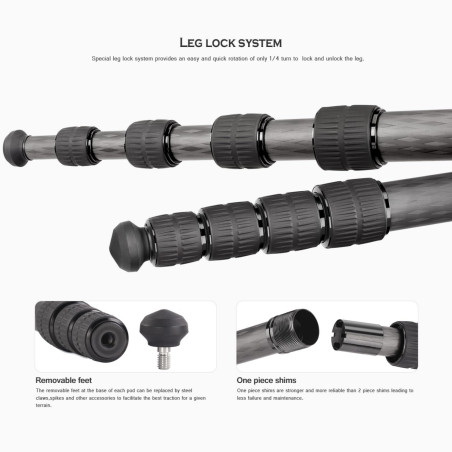 Leofoto - Monopode en Carbone - Travaux Lourds - Capacité de Poids : 15 kg - Max. Hauteur: 153 cm (sans rotule) - Cinq Sections