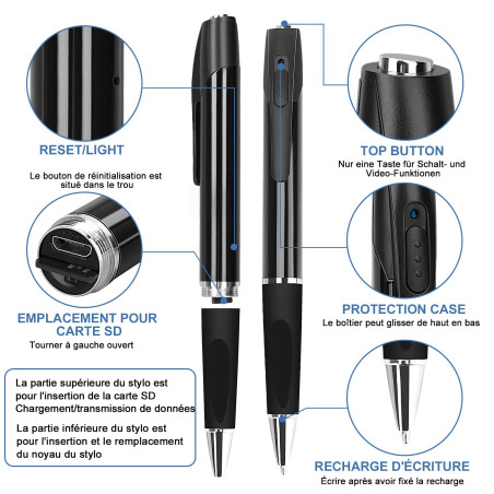 FINSUI Caméra Espion Caméra Cachée Stylo 1080P Mini Caméra de Poche avec Carte SD 32 Go Caméra Stylo avec Enregistrement Vidéo P
