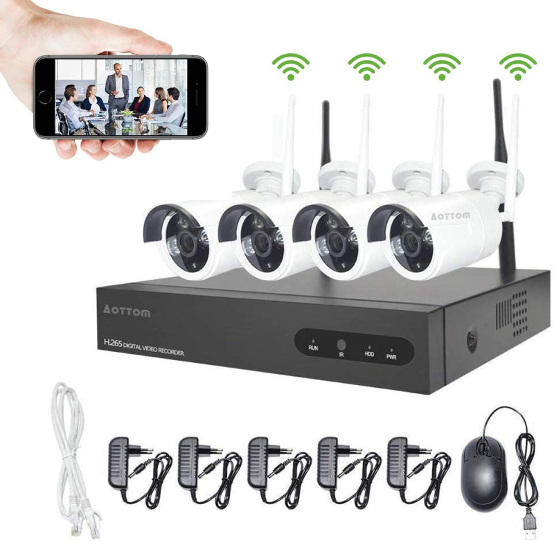 Aottom 8CH 1080P Système de Vidéosurveillance, Kit de WiFi Vidéosurveillance, Système de Caméra Sécurité sans Fil, 8CH NVR+ 4 x Aottom 8CH 1080P Système de Vidéosurveillance, Kit de WiFi Vidéosurveillance, Système de Caméra Sécurité sans Fil, 8CH NVR+ 4 x