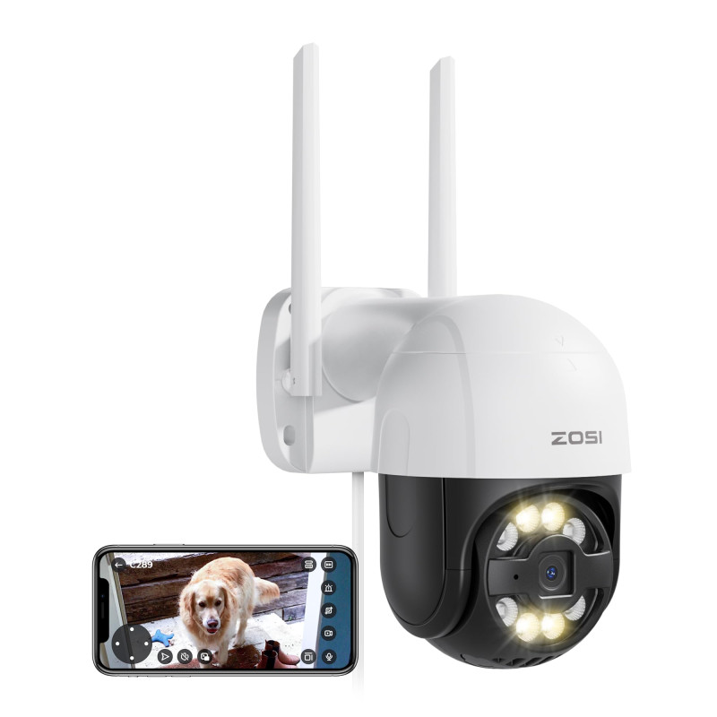 ZOSI 4MP Caméra Surveillance WiFi PT Vue à 360°, Camera Extérieure sans Fil Alarme Sonore et Lumineuse, Détection Véhicule et Pe