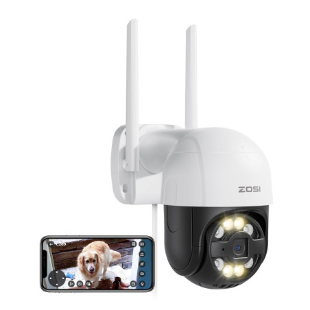 ZOSI 4MP Caméra Surveillance WiFi PT Vue à 360°, Camera Extérieure sans Fil Alarme Sonore et Lumineuse, Détection Véhicule et Pe