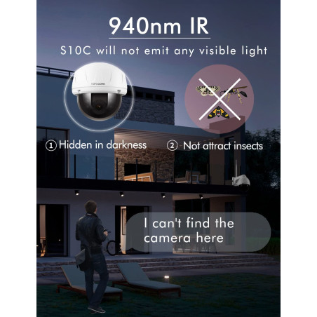 Topodome Caméra de sécurité extérieure avec LED Infrarouge Invisible, Caméra IP Pan Tilt 5MP sans Fil, Carte SD 32G à l'intérieu