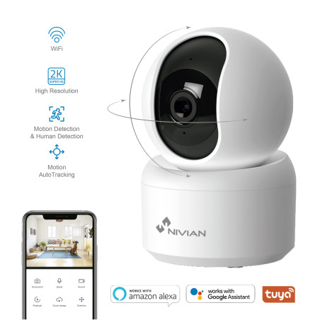 NIVIAN Caméra WiFi Intérieure 360° SuperHD 2K | Sécurisez Votre Maison 24/7 avec Vision Nocturne, Audio Bidirectionnel, Détectio