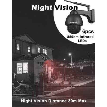 Topodome Métal Camera Surveillance WiFi Exterieure, IP Caméra 1080P Vision Nocturne Starlight, Carte SD 32G, Détection Humaine,