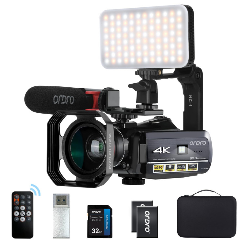 ORDRO 4K Caméra AC3 1080p 60fps Vlog IR Vision Nocturne WiFi avec Microphone, Objectif Grand Angle, Lampe Vidéo LED, Support de ORDRO 4K Caméra AC3 1080p 60fps Vlog IR Vision Nocturne WiFi avec Microphone, Objectif Grand Angle, Lampe Vidéo LED, Support de