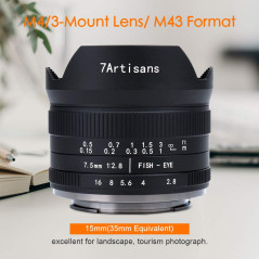 7artisans 7.5mm F2.8 II V2.0 objectif fisheye avec un angle de vue de 190°, Compatible avec monture M4/3 MFT GM1 GM5 GM7 GX1 GX7