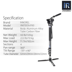 Monopode en Fibre de Carbone, INNOREL VM70CK, Monopied Vidéo Professionnel pour Caméra Télescopique avec Tête Fluide et Base Tri