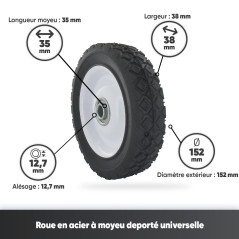 UNIVERSEL - Roue Acier à Moyeu Déporté pour Équipement Jardin - Diamètre 152 mm/Moyeu : 35 mm/Alésage 12,7 mm/Largeur 38 mm