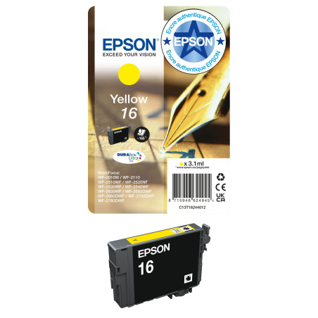 Epson 16 Stylo Plume Jaune, Cartouche d'encre d'origine, WF-2010W WF-2510WF WF-2520NF WF-2530WF WF-2540WF WF-2630WF WF-2650DWF W