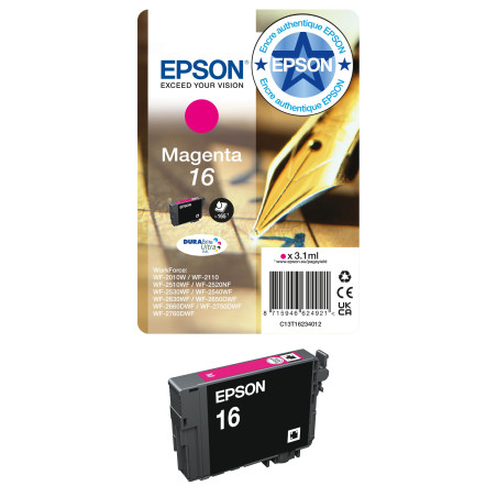 Epson 16 Stylo Plume Magenta, Cartouche d'encre d'origine, WF-2010W WF-2510WF WF-2520NF WF-2530WF WF-2540WF WF-2630WF WF-2650DWF