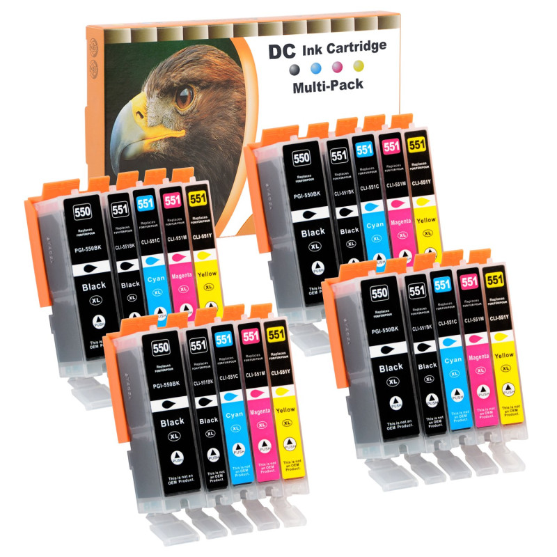 D&C 20 Cartouches d'encre pour Canon PGI-550 CLI-551 pour Canon Pixma ip7200 iP7250 iP8750 iX6850 MG5450 MG5550 MG5650 mg5655 MG