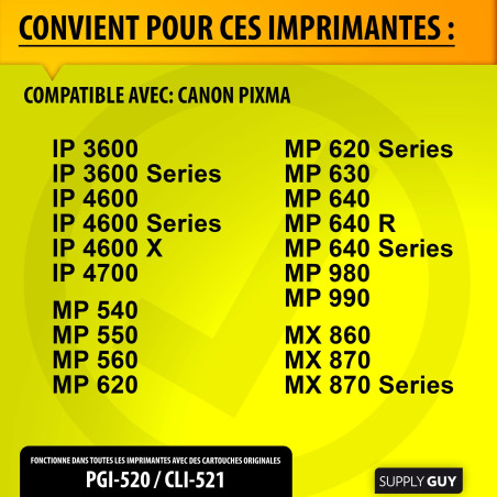 Supply Guy 20 Cartouches d'encre avec Puce Compatible avec Canon PGI-520 / CLI-521 pour Canon Pixma IP3600 IP4600 IP4600-X IP470