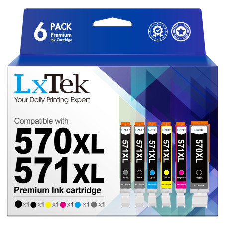 LxTek PGI-570 CLI-571XL d'encre Compatible pour Canon 570 571XL pour Canon TS5050 pour Pixma TS5055 MG5750 MG6850 MG6852 MG5751 