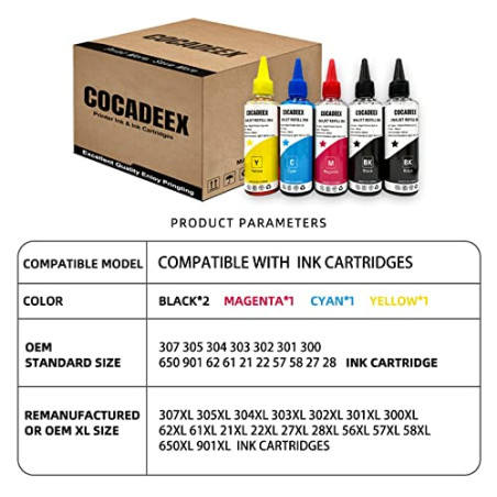 COCADEEX Kit de Recharge d'encre Compatible avec Les Cartouches d'encre HP 307XL 305XL 650xl 351XL 350XL 300XL 62XL 21XL 22XL Se