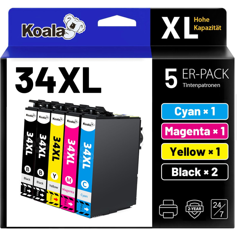 Koala 34XL Cartouche d’Encre Compatible pour Epson 34 XL 34XL Multipack Replacement pour Epson Workforce Pro WF-3720DWF WF-3725D