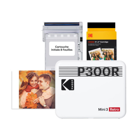 Kodak Mini 3 Retro 4PASS Imprimante Photo Portable (7,6x7,6cm) - Paquet avec 38 Feuilles, Blanc