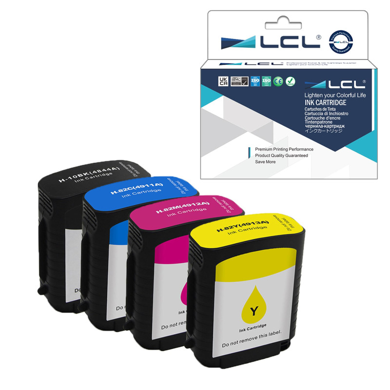 LCL Cartouche d'encre Compatible 10 C4844A 82 C4911A C4912A C4913A(4-Pack 1Noir 1Cyan 1Magenta 1Jaune) Remplacement pour HP Desi